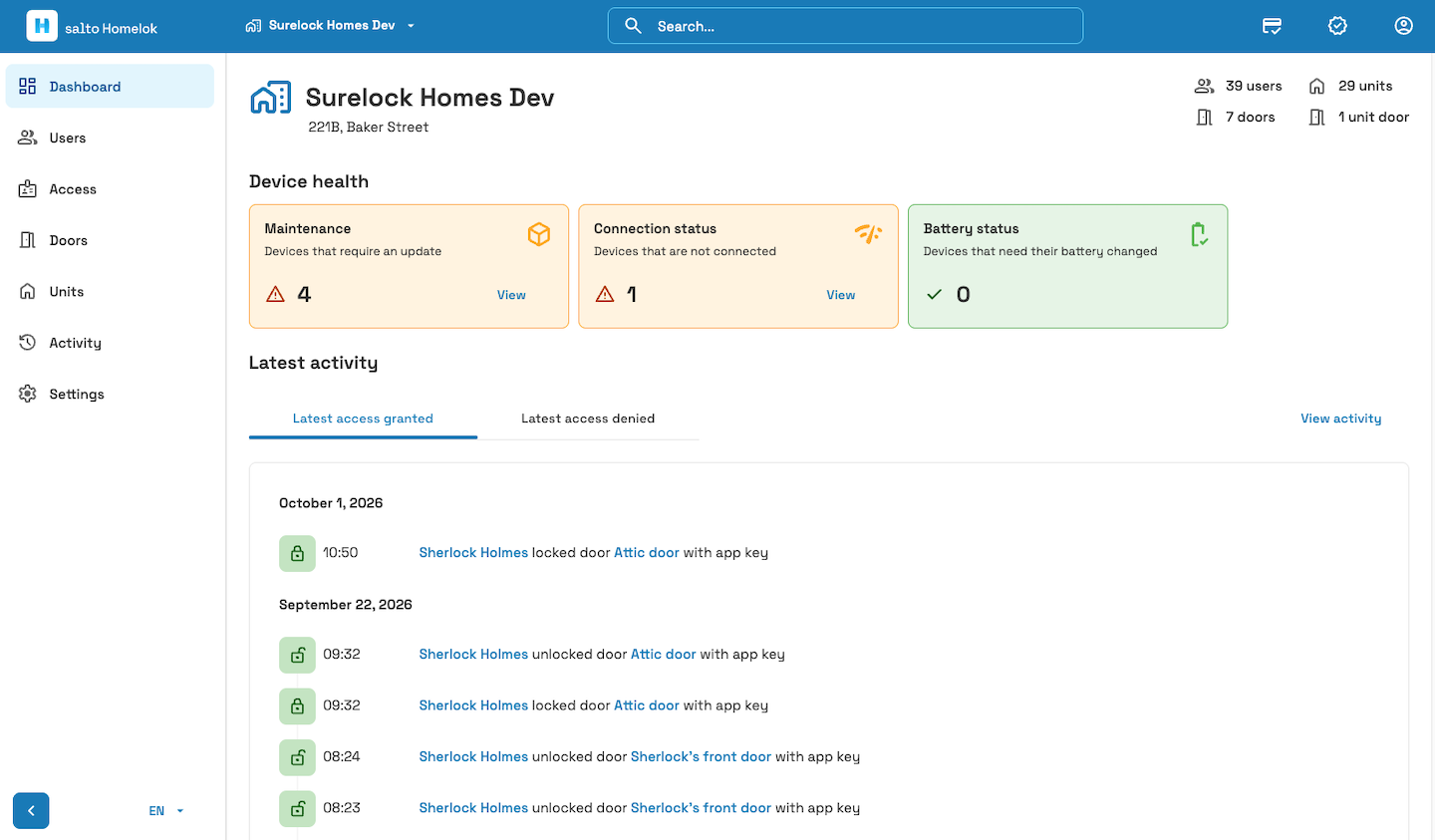 Salto Homelok dashboard showing the redesigned web interface and updated color scheme.