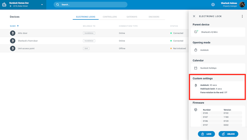 Custom settings for motorized locks