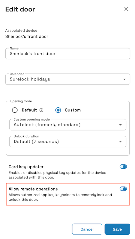 Remote operations settings for doors