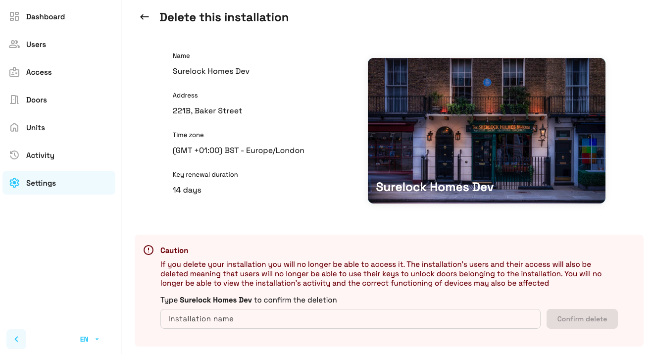 Installation delete page