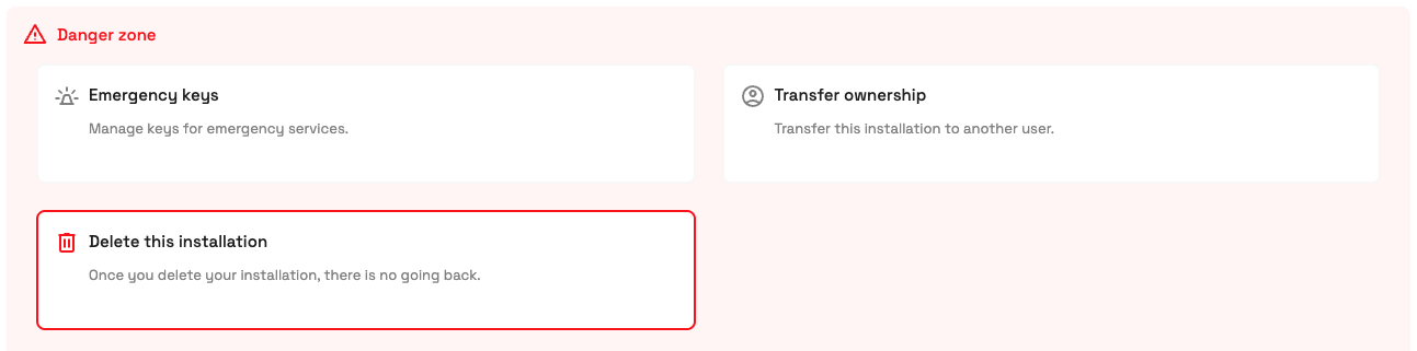Settings page including delete installation option