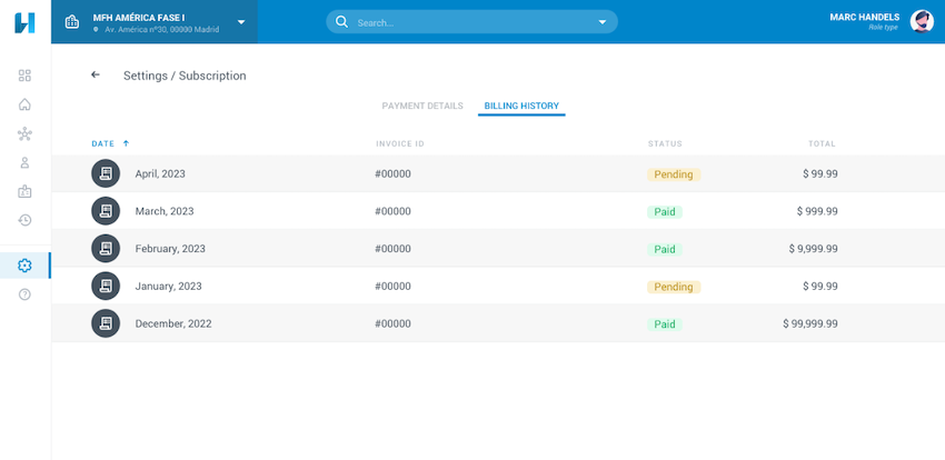 Subscription billing history