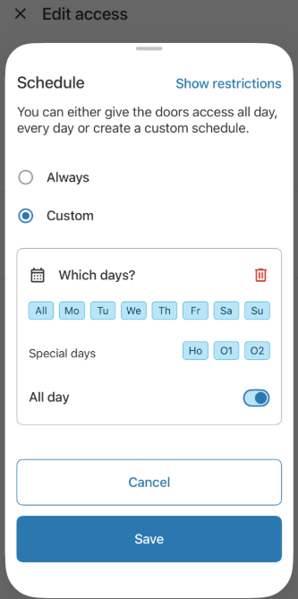 Editing user access schedules in Homelok