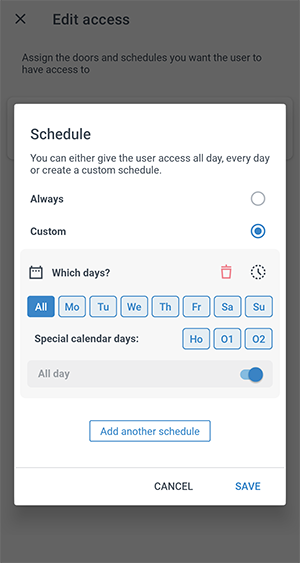 Editing user access schedules in Homelok