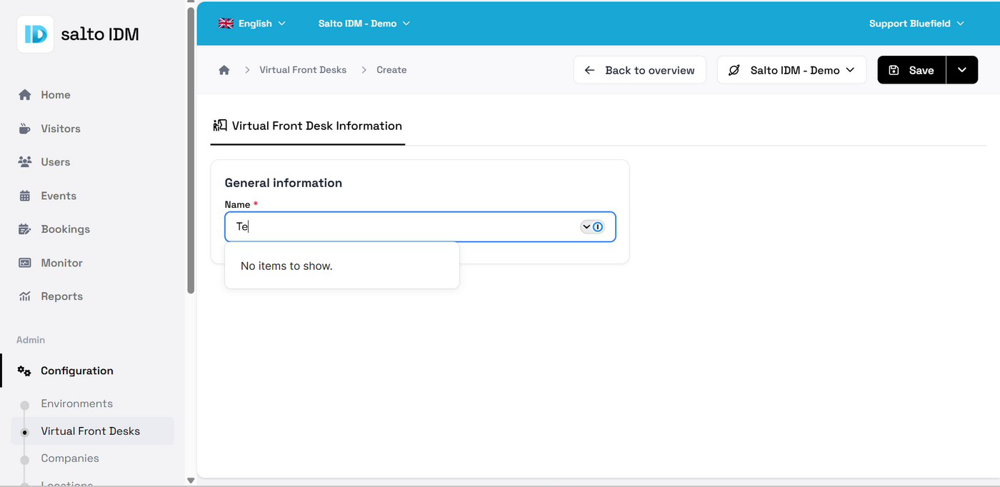 Create a Virtual Front Desk with the required Name field