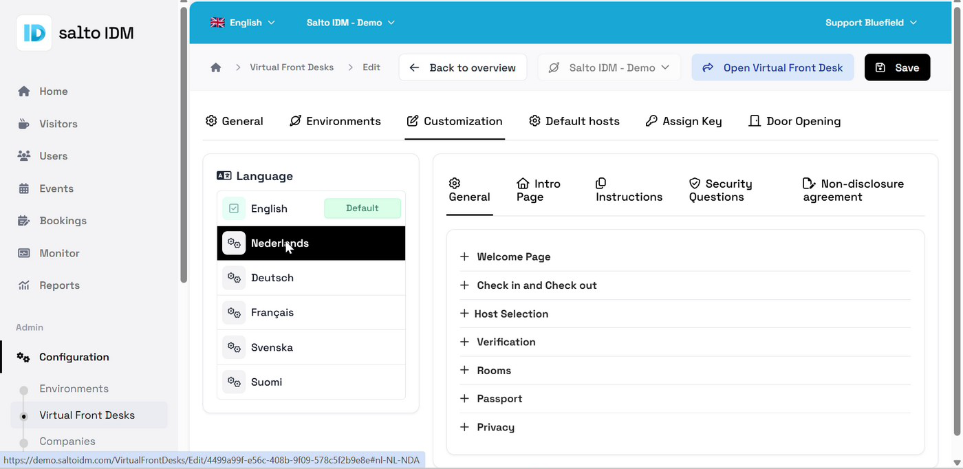 Customization tab with the language panel and expandable screen sections