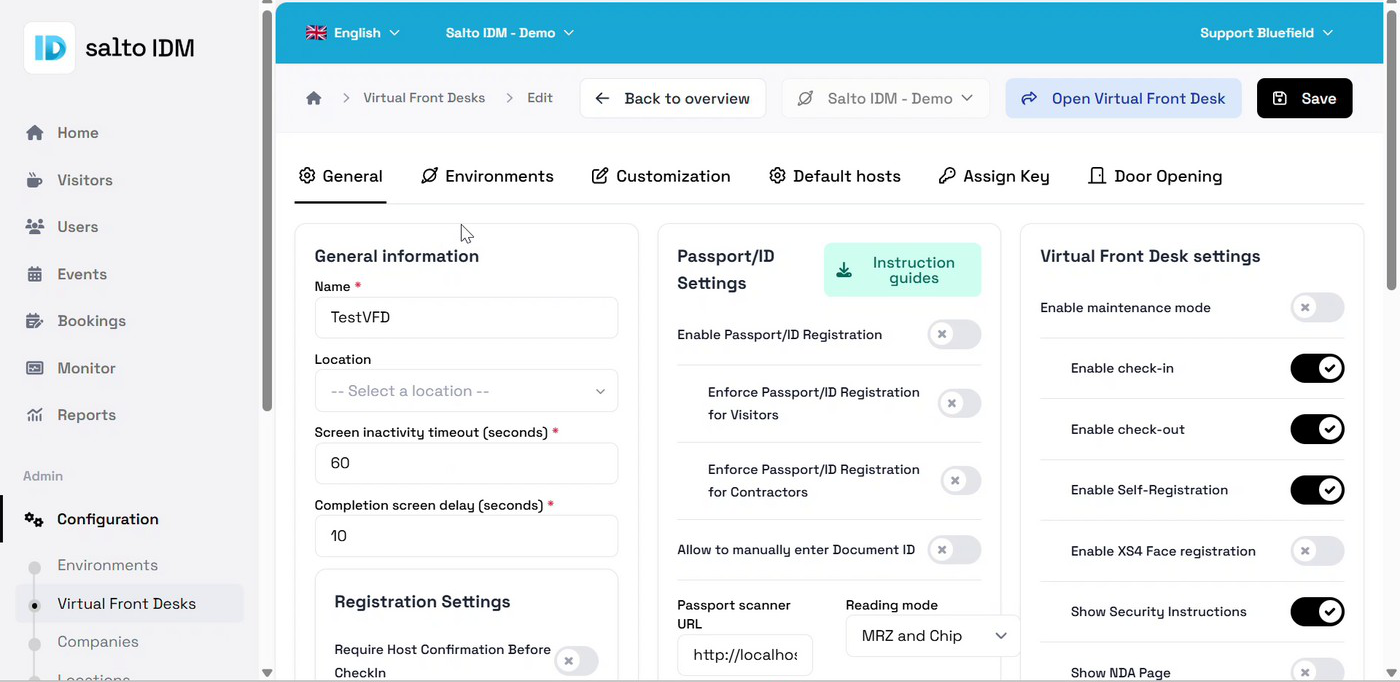 Virtual Front Desk General tab with registration and passport settings