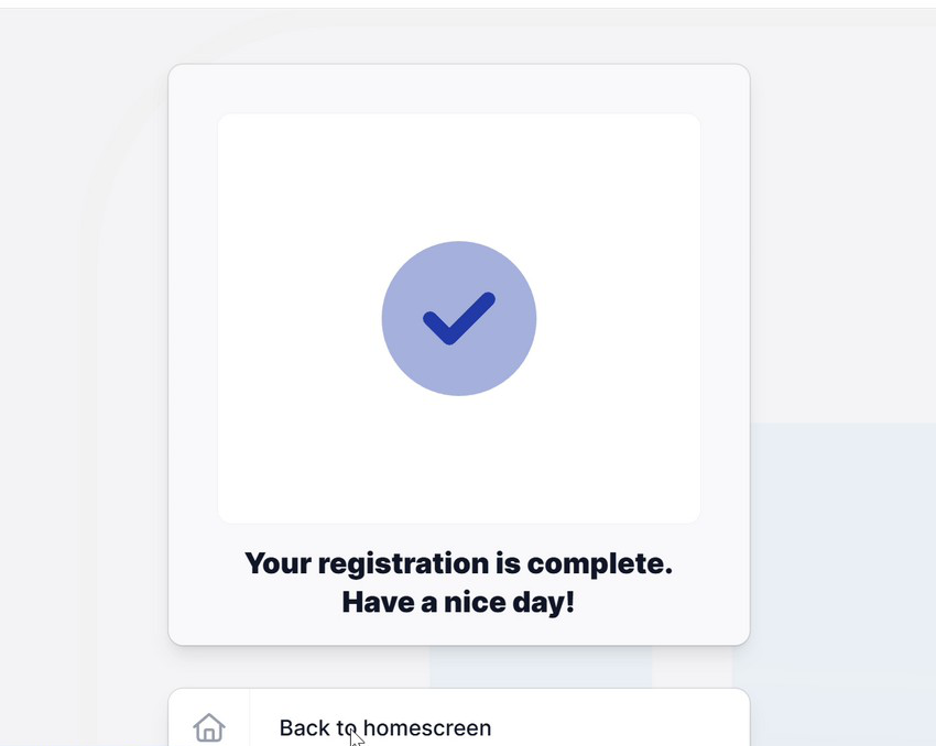 Registration complete screen with Back to homescreen