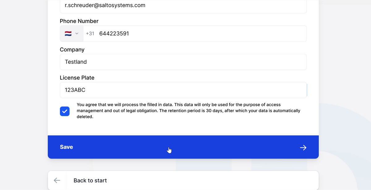 Registration form with visitor details and the privacy consent checkbox