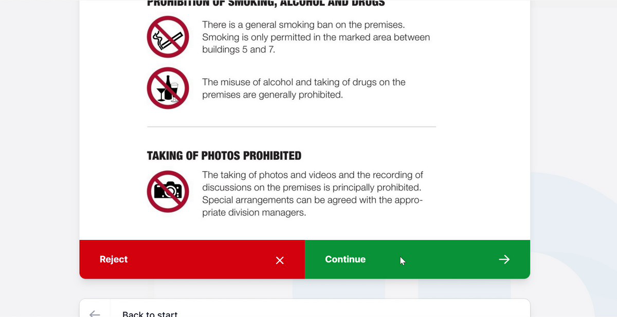 Security instructions screen with Reject and Continue options