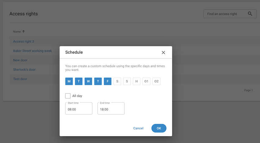 Custom access right schedule