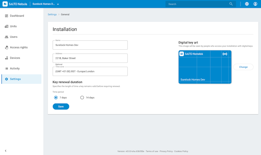 General settings screen