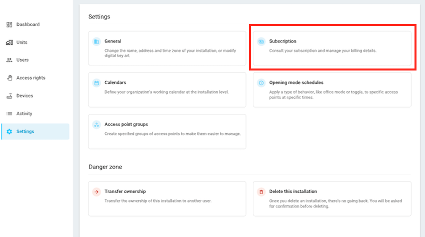 Settings - Subscription screen
