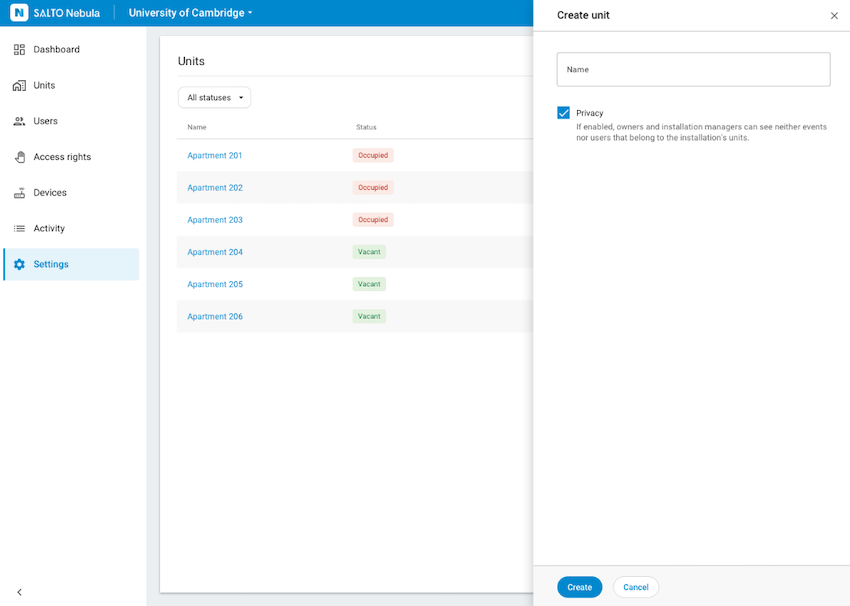 Unit privacy checkbox