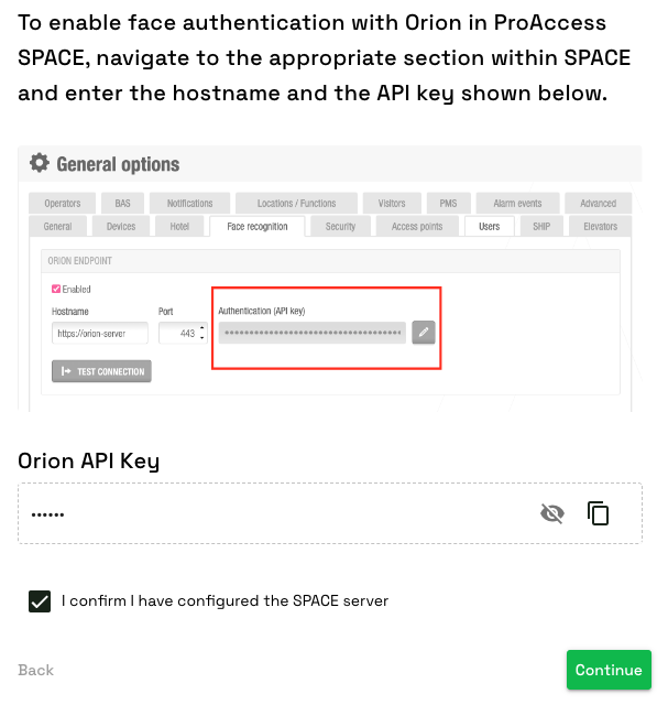 Orion install Space API key insertion