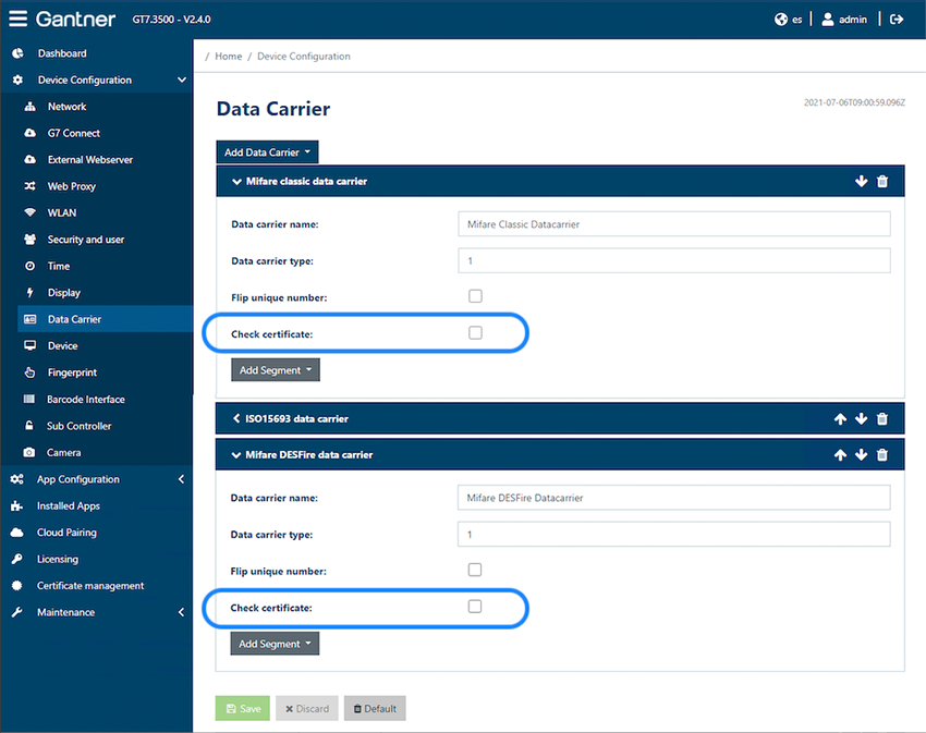 Data carrier check certificate field