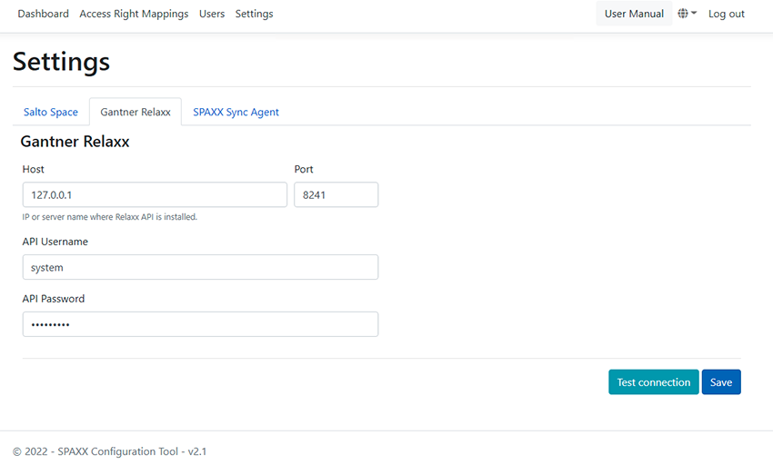 Relaxx settings section in Spaxx