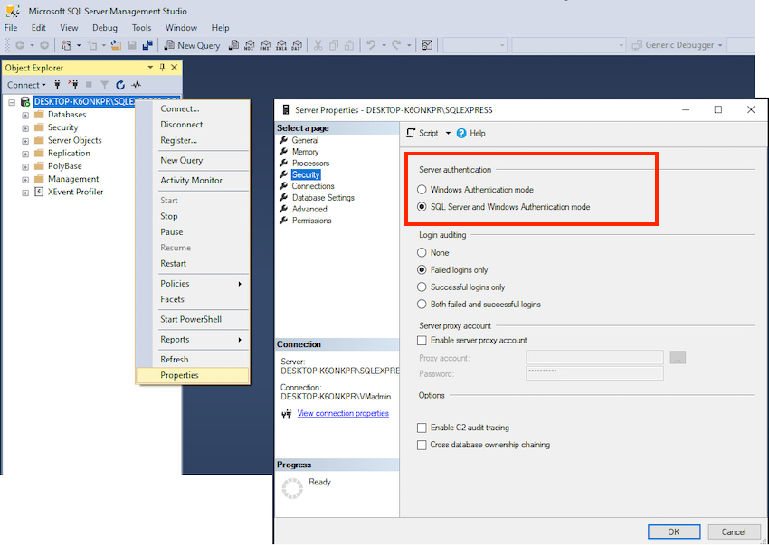 Allow logins via SQL Server and Windows Authentication mode