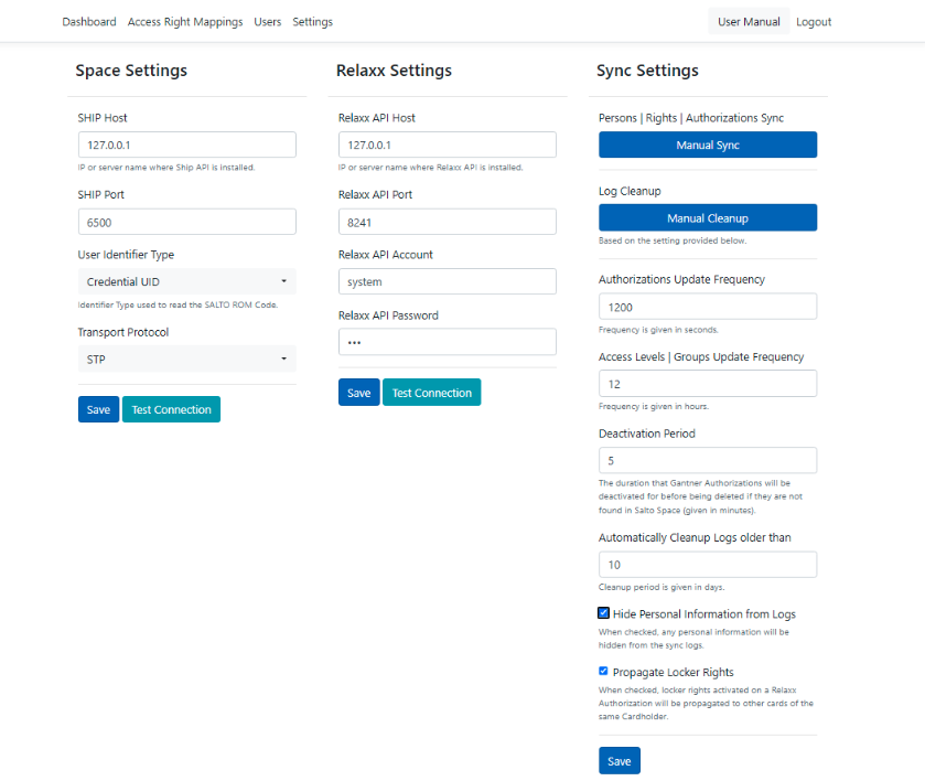 Spaxx settings screen