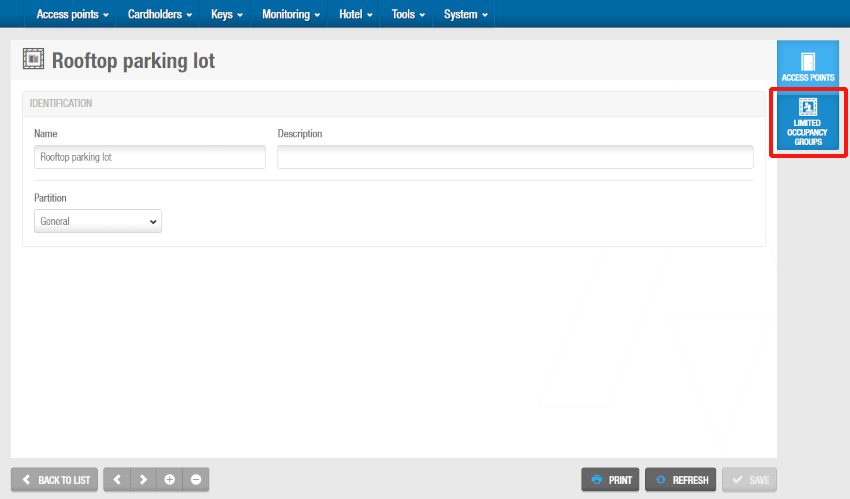 'Limited occupancy groups' button in the 'Limited occupancy area' information screen