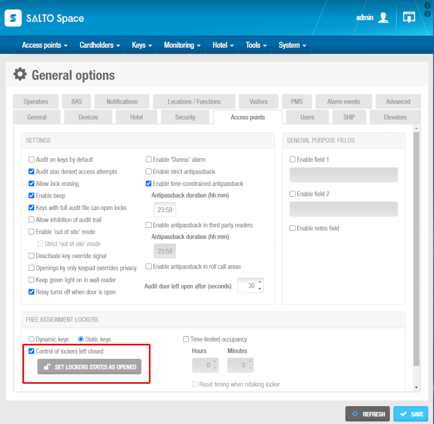 'Set lockers states as opened' button in 'Access points' tab