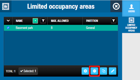 Limited occupancy area to be deleted using the 'Delete' button