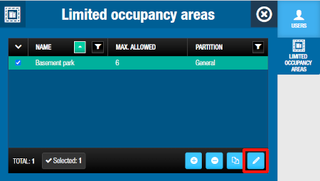 Click 'Edit' to change the maximum number of users allowed in the area