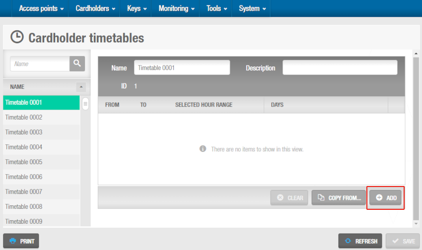 Cardholder timetables screen