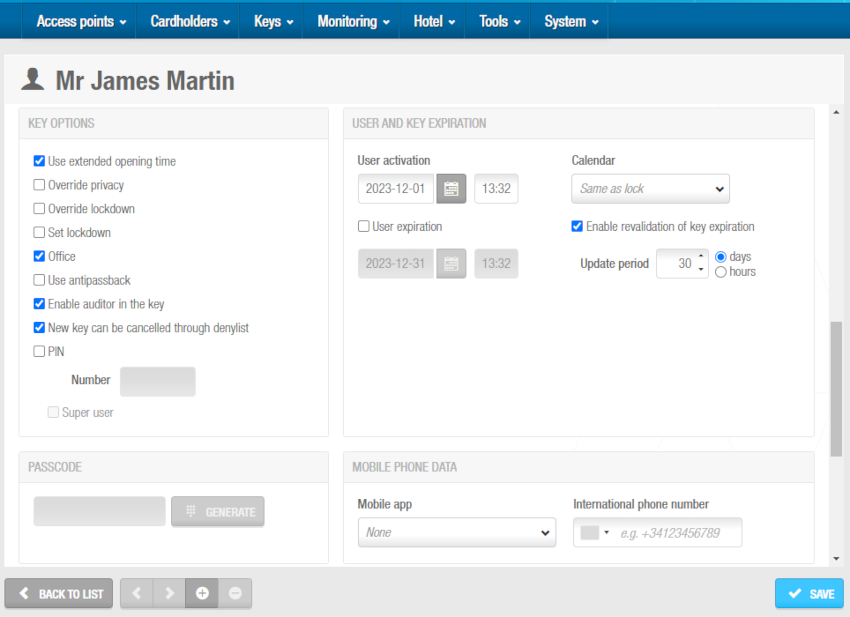 Configuration options in 'User' information screen