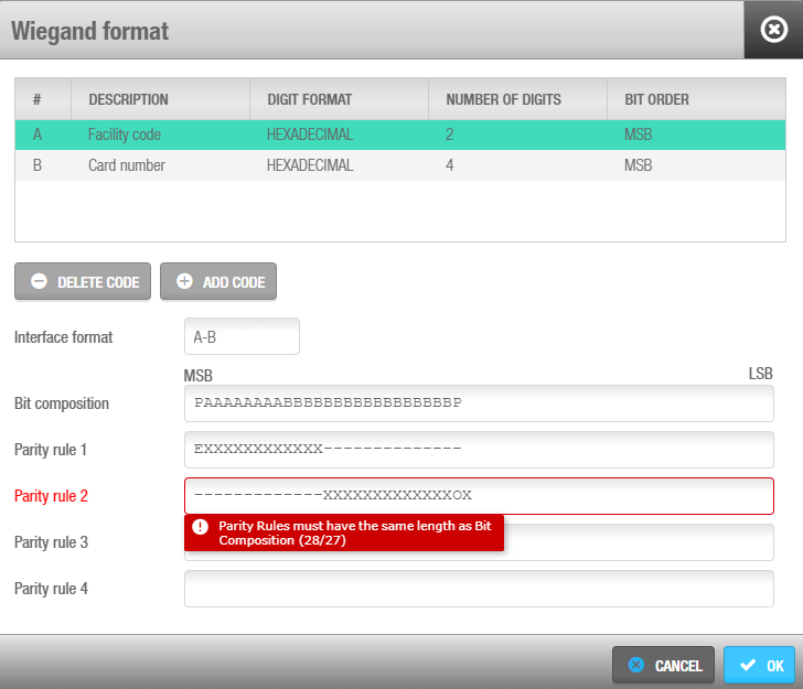 Exceeded digits warning in the Wiegand parity rules