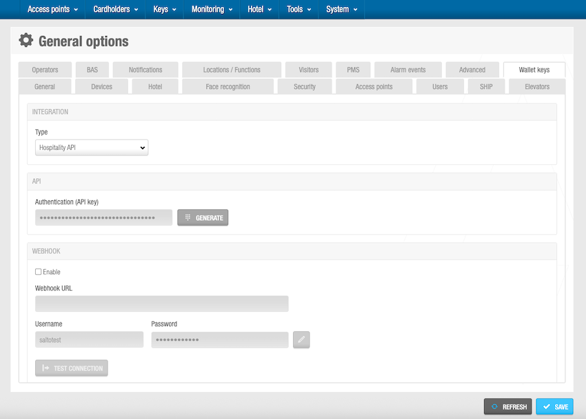 Hospitality API integration settings