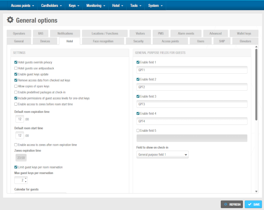Select 'System' > 'General options' > 'Hotel' to view the tab