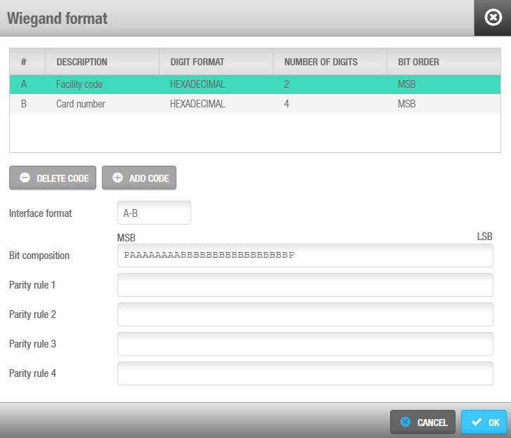 'Interface format' and 'Bit composition' fields in the 'Wiegand format' dialog box