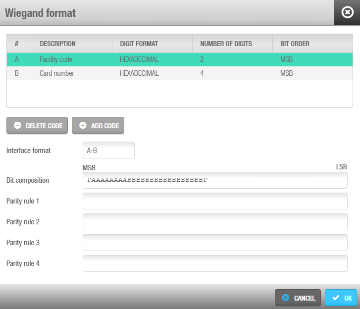 Felder 'Schnittstellenformat' und 'Bit-Zusammensetzung' im Dialog 'Wiegand-Format'