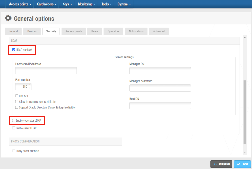 'LDAP' panel in 'Security' tab - Operators