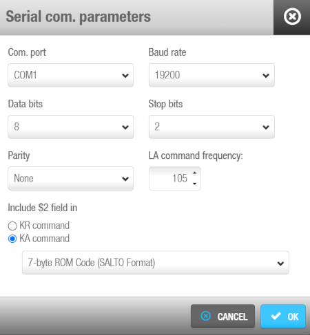 'Serial com parameters ' dialog box