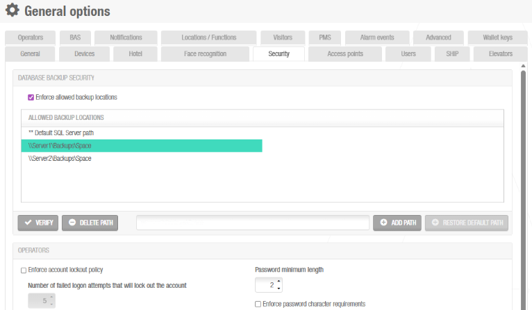 'Database backup security' panel in 'Security' tab