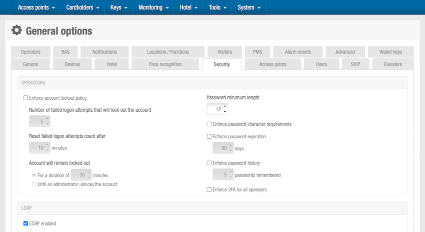 'Operators' panel in 'Security' tab 'Operators' panel in 'Security' tab