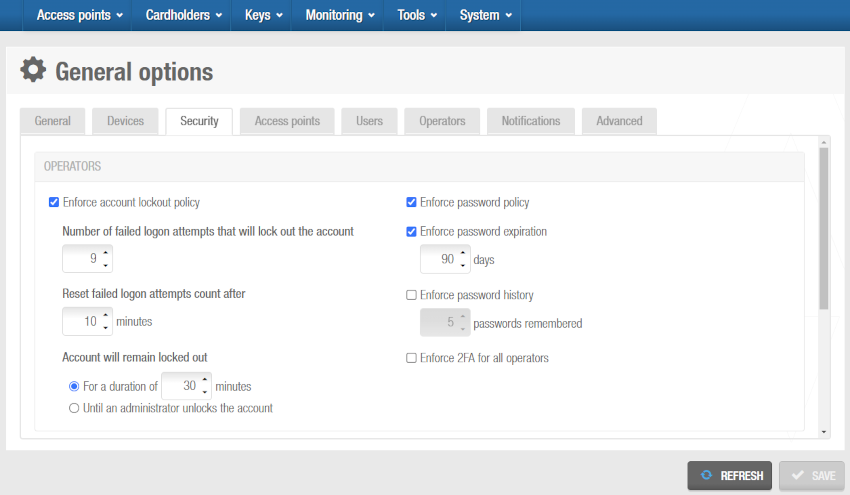 'Operators' panel in 'Security' tab