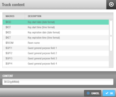 'Track content' configuration dialog box