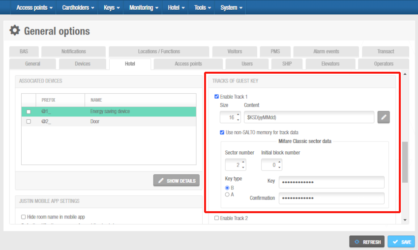 'Tracks of guest key' panel in 'Hotel' tab