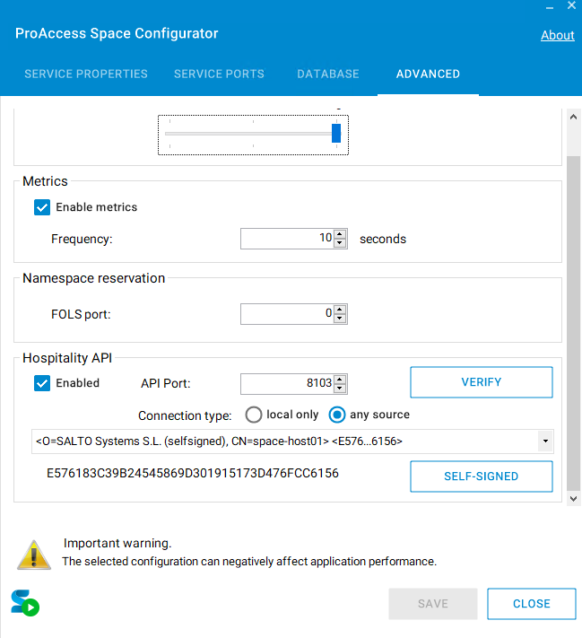 Configure the 'Hospitality API (Salto)' API port from the ProAccess Space Configurator