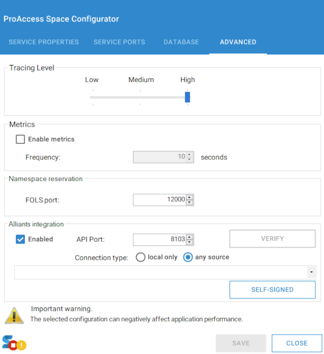 Configure the 'Alliants integration' API port from the ProAccess Space Configurator