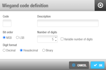 'Wiegand code definition' dialog box