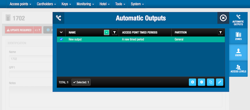Automatic outputs screen