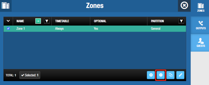 'Delete' button on the 'Zones' dialog box