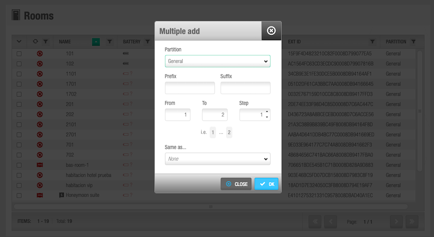 Rooms multiple add dialog box