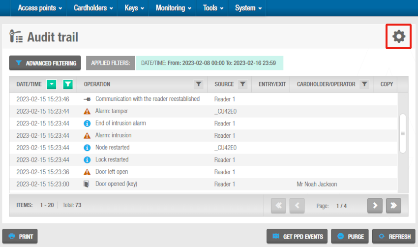 'Customize table' icon in the 'Audit trail' screen