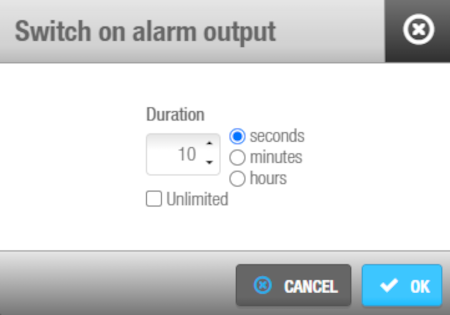 'Switch on alarm outputs' screen