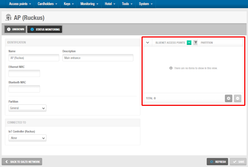 'BLUEnet access points' panel - 'AP (Ruckus)' information screen